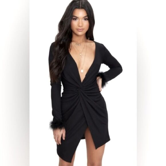 Long Sleeve Bodycon Dress with Feathered Sleeves and deep plunge - Picture 2 of 7